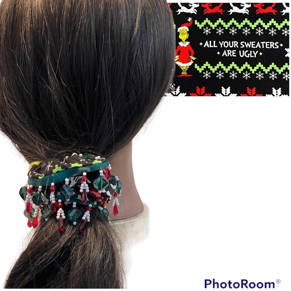 Christmas Grinch Scrunchie, Hair Accessory |Handmade Gift, Hair Tie, glass beads - Picture 5 of 14